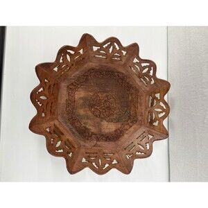 Vintage Octagonal Wood Serving 10.5" Tray Floral Center Hand Carved Artisan Boho